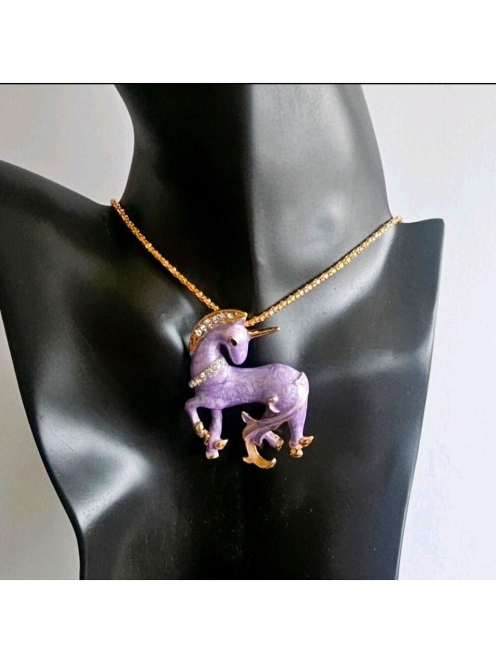 Betsey Johnson Lavender Enamel & Gold Tone Unicorn Pendant On Gold Tone Necklace
